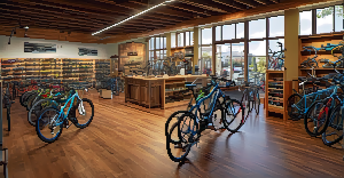 A colorful interior of a local bike shop with various bicycles and accessories, showcasing a friendly staff member helping a customer.