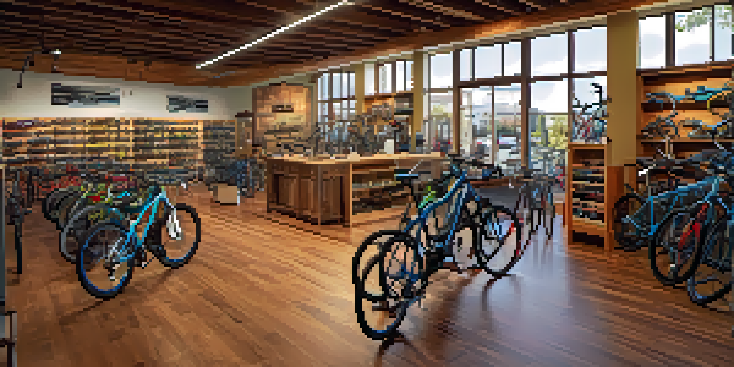A colorful interior of a local bike shop with various bicycles and accessories, showcasing a friendly staff member helping a customer.
