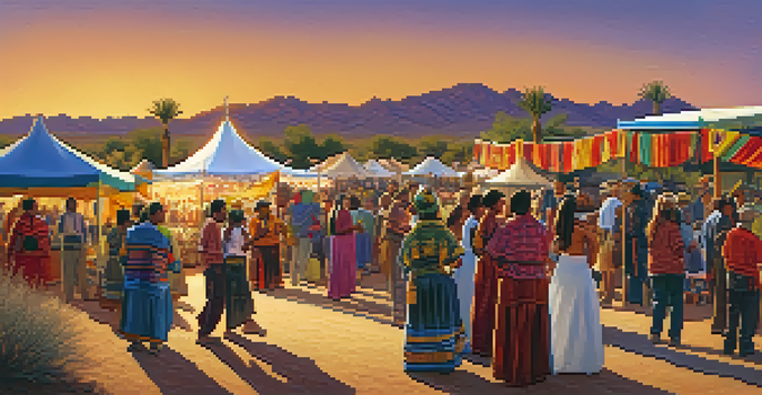 An outdoor festival in Tucson featuring the O'odham community, with people in traditional attire participating in storytelling and dancing under a sunset.