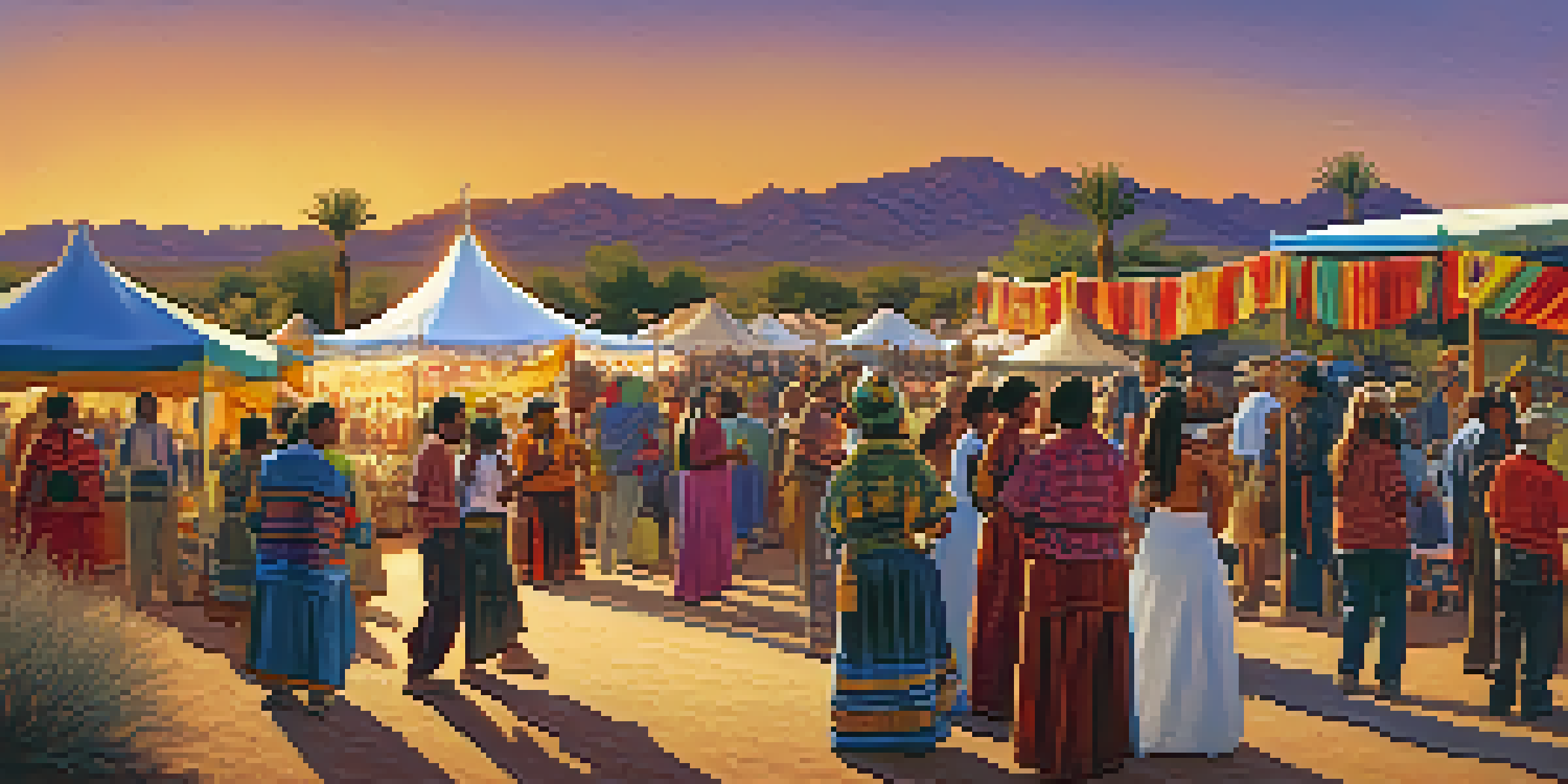 An outdoor festival in Tucson featuring the O'odham community, with people in traditional attire participating in storytelling and dancing under a sunset.