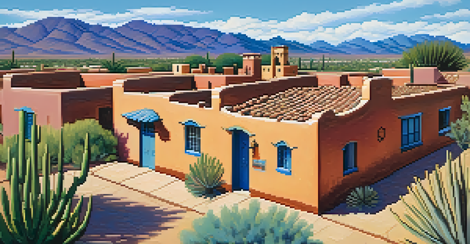 A scenic view of Tucson's historic neighborhood with adobe houses, colorful tiles, and desert plants under a sunny sky.