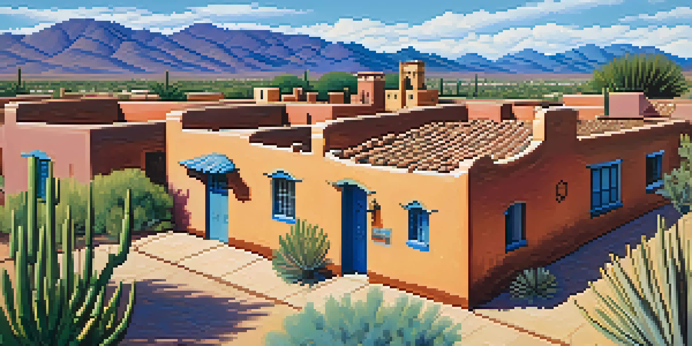 A scenic view of Tucson's historic neighborhood with adobe houses, colorful tiles, and desert plants under a sunny sky.
