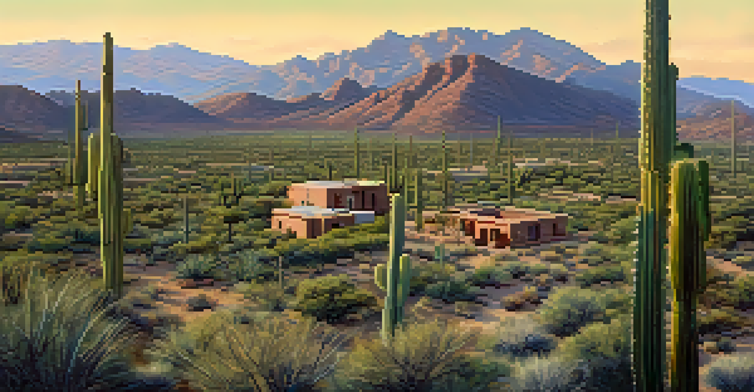 An aerial view of Saguaro National Park with ancient Native American settlement remnants and saguaro cacti under dawn light.