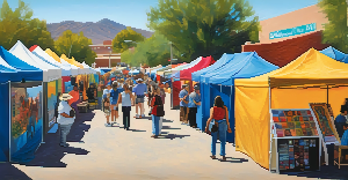 A lively arts festival scene with local artists showcasing their colorful artworks and festival-goers interacting with them under a clear blue sky.