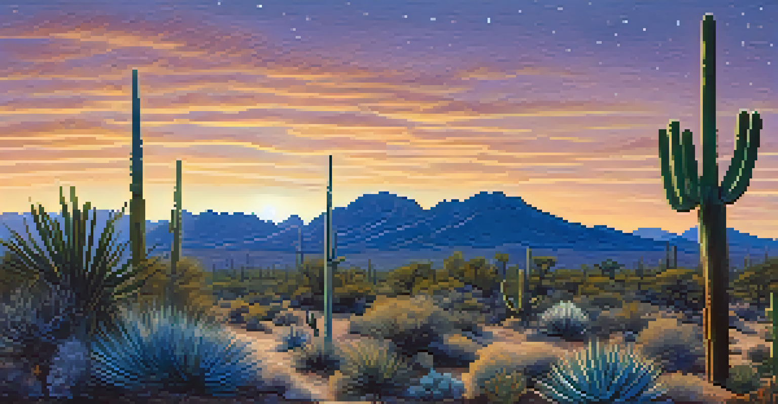 A panoramic view of the Sonoran Desert at dusk with a starry sky and silhouetted desert plants.