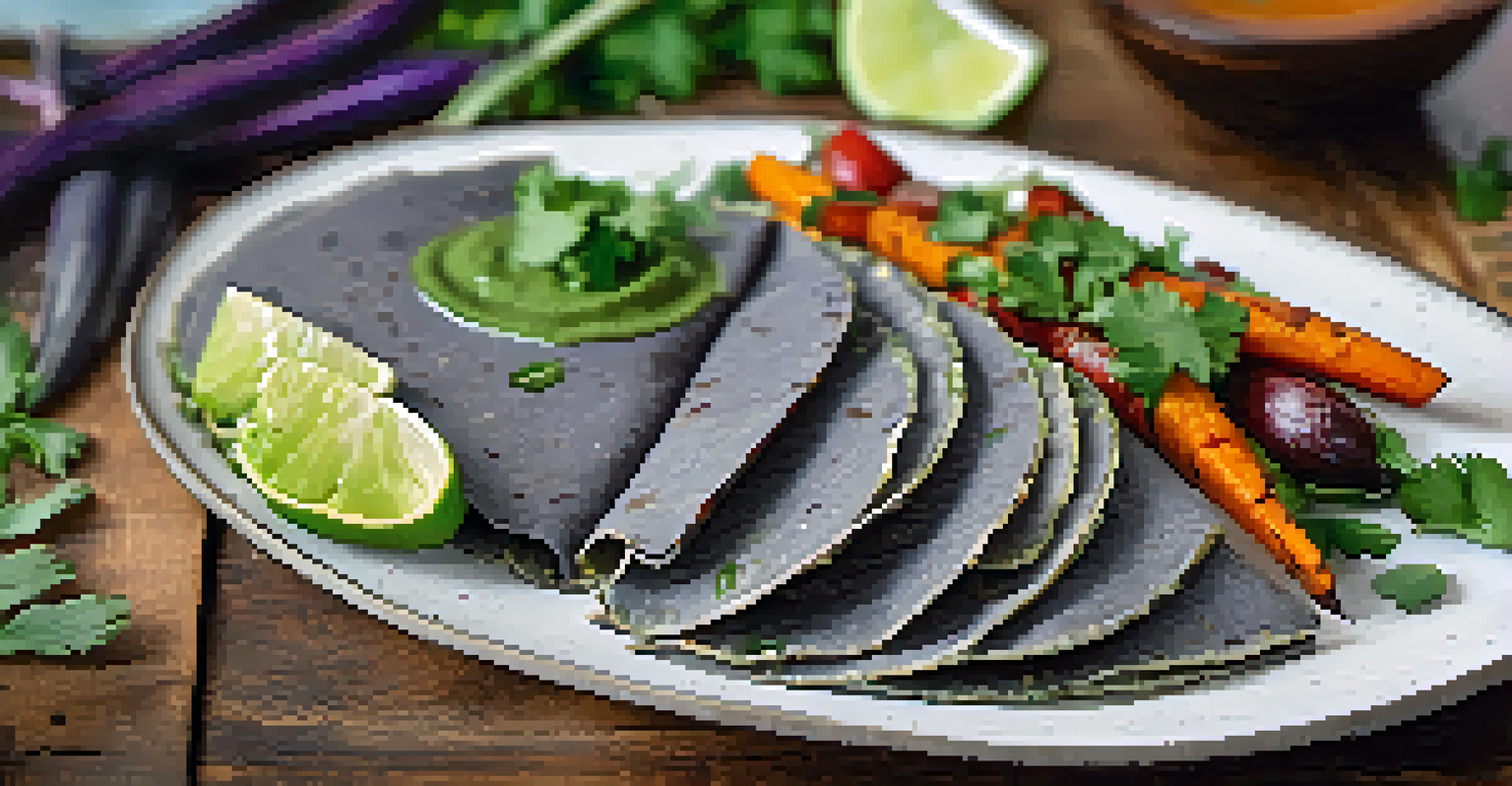 A gourmet plate of blue corn tortillas filled with vegetables and green chile sauce, garnished with cilantro and lime, presented on a wooden table in a restaurant.
