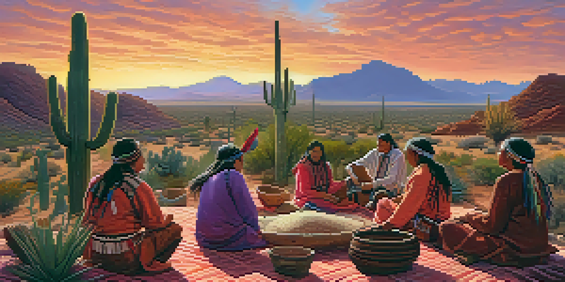 A peaceful Arizona landscape with saguaro cacti and a sunset, featuring Native American individuals in traditional attire participating in a cultural ceremony.