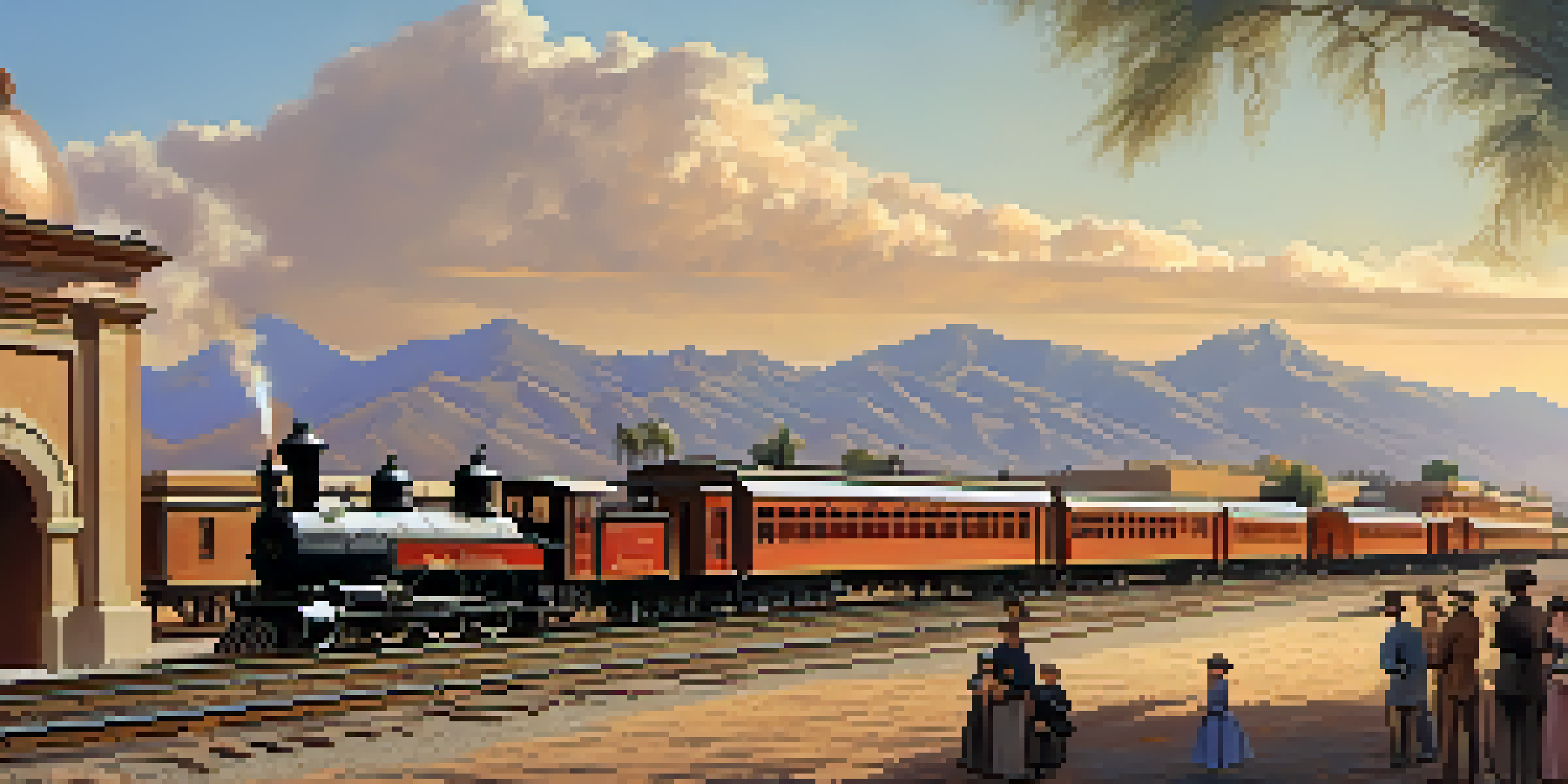 A historical view of Tucson featuring the Southern Pacific Railroad station with steam locomotives and passengers, surrounded by mountains at sunset.
