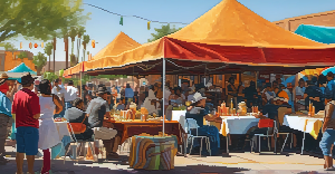 A lively street festival in Tucson with colorful booths, diverse attendees enjoying tacos, and a mariachi band playing music under warm sunlight.