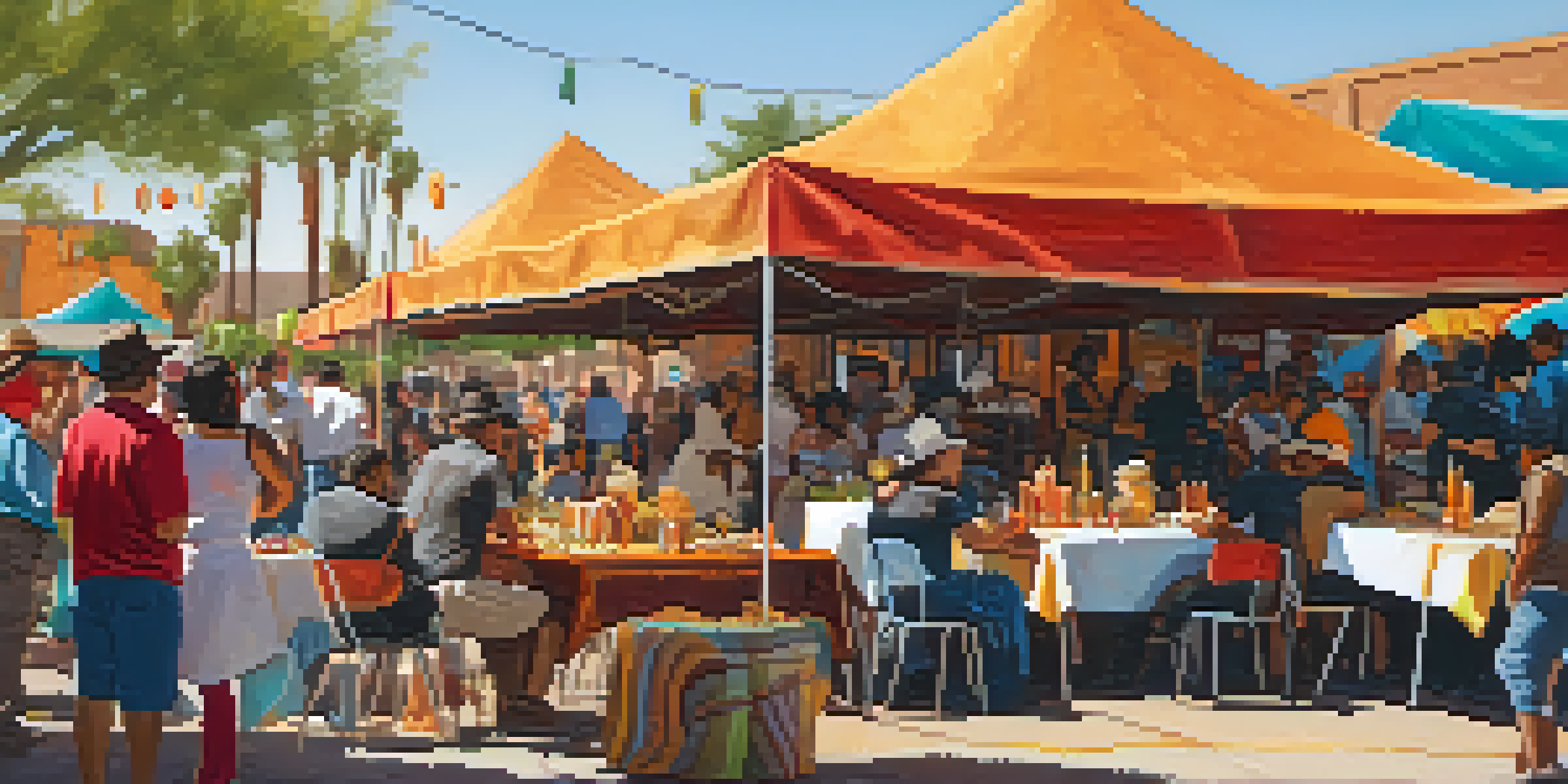 A lively street festival in Tucson with colorful booths, diverse attendees enjoying tacos, and a mariachi band playing music under warm sunlight.