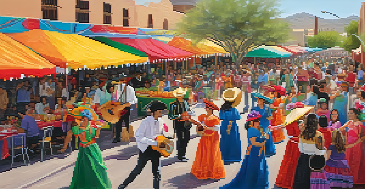A bustling street scene from Tucson's Cinco de Mayo festival with musicians, decorations, and families enjoying food.