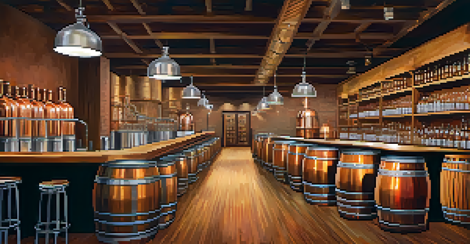 An interior view of a Tucson distillery with copper stills, wooden barrels, and colorful local artwork.