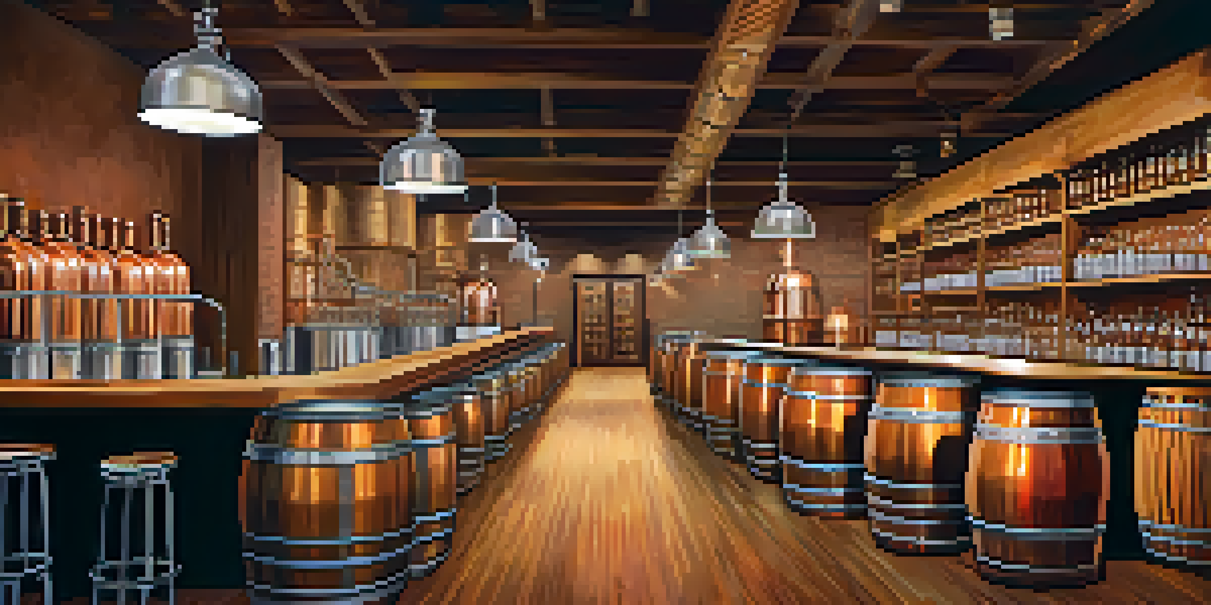 An interior view of a Tucson distillery with copper stills, wooden barrels, and colorful local artwork.