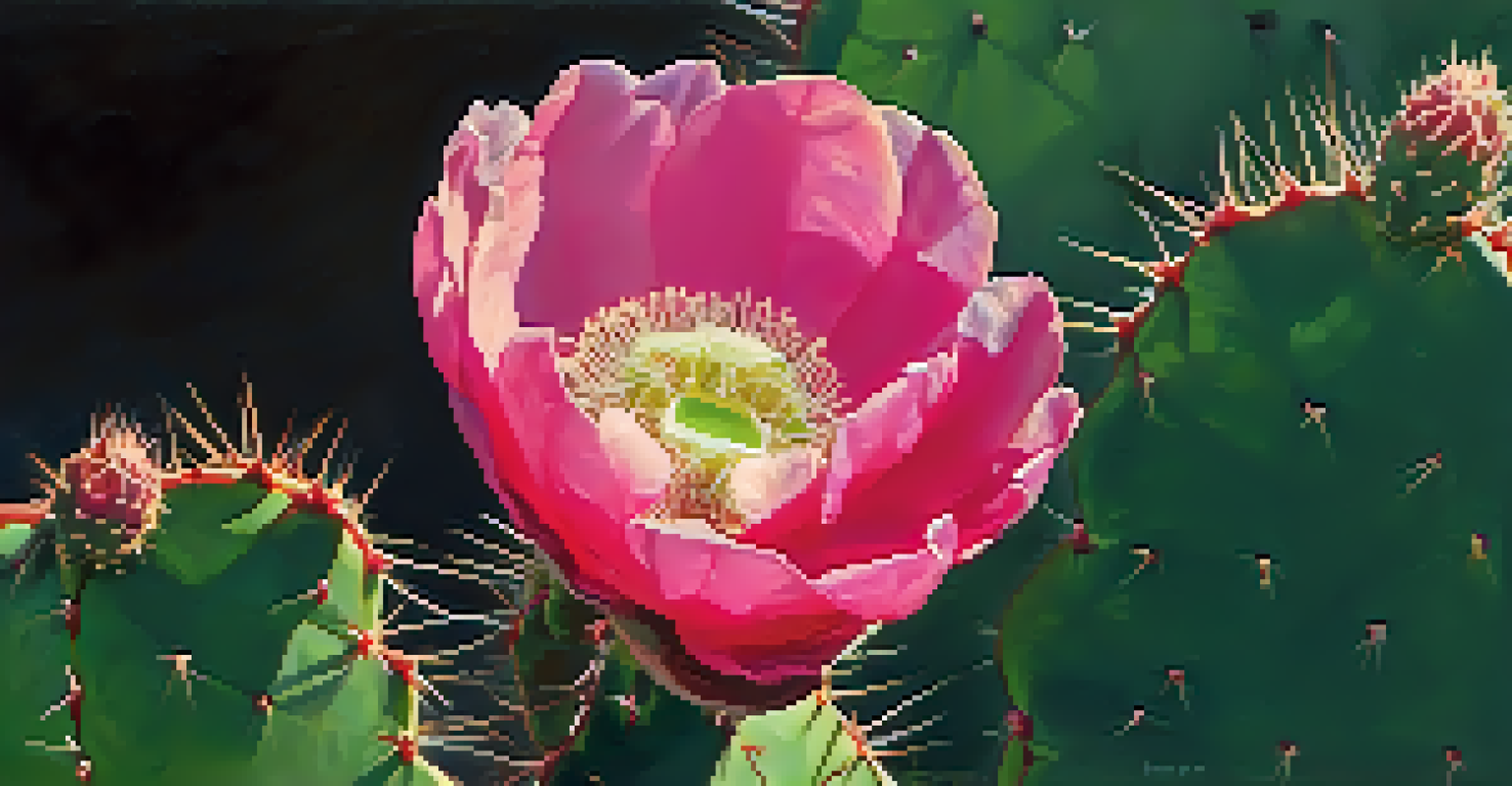 A close-up image of a blooming prickly pear cactus with bright pink flowers and green pads, illuminated by sunlight.