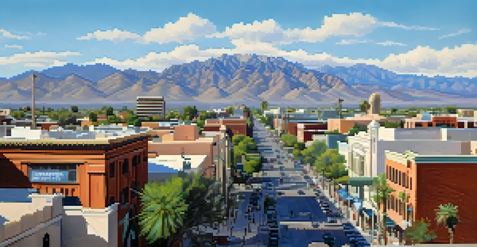 Aerial view of downtown Tucson featuring modern and historic buildings with mountains in the background.