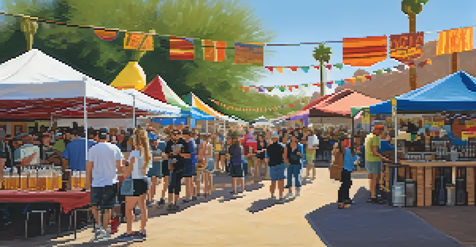 A bustling craft beer festival in Tucson with people sampling local beers and enjoying food, surrounded by festive decorations.