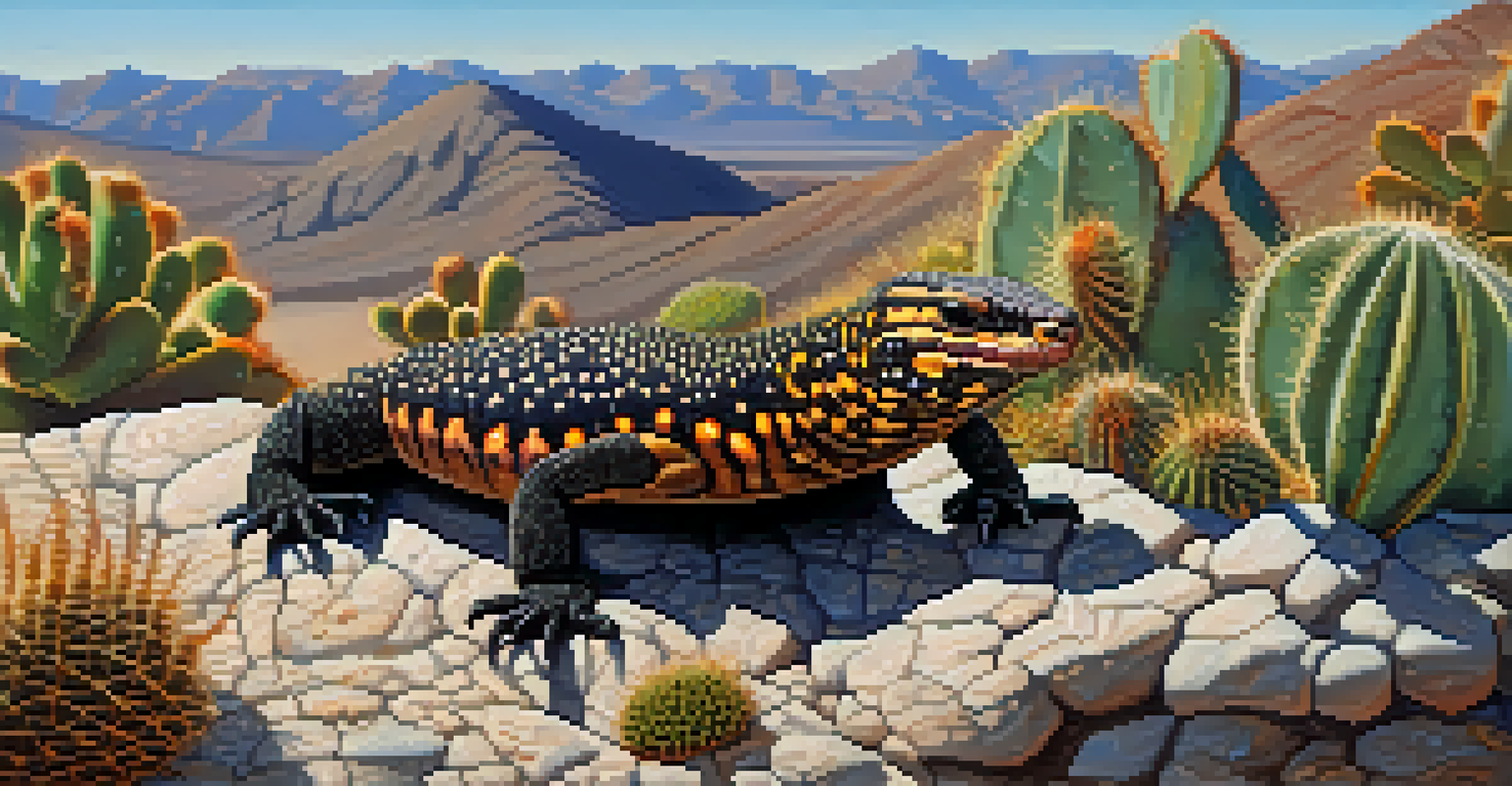 A close-up of a Gila monster on a rock, surrounded by cacti in the desert.