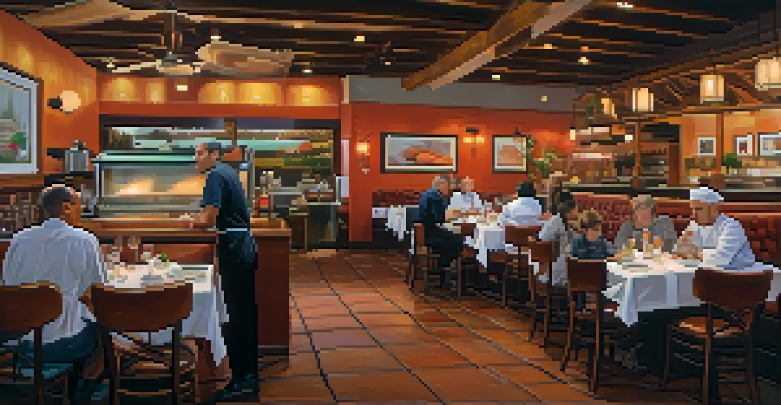 A cozy restaurant interior in Tucson with diners enjoying meals, local artwork, and a chef in an open kitchen.