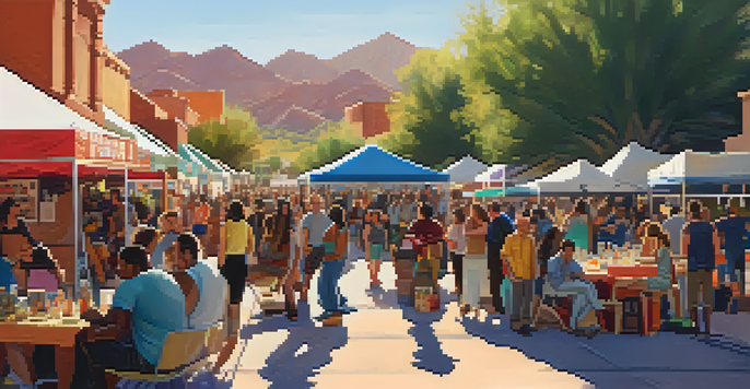 A lively outdoor scene at the Tucson Film Festival with filmmakers and attendees discussing near colorful banners under the warm sun.