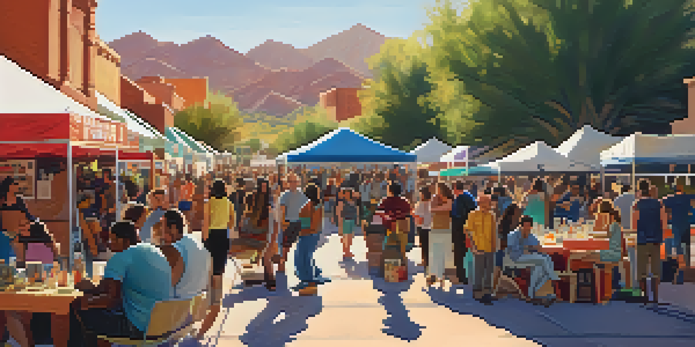 A lively outdoor scene at the Tucson Film Festival with filmmakers and attendees discussing near colorful banners under the warm sun.