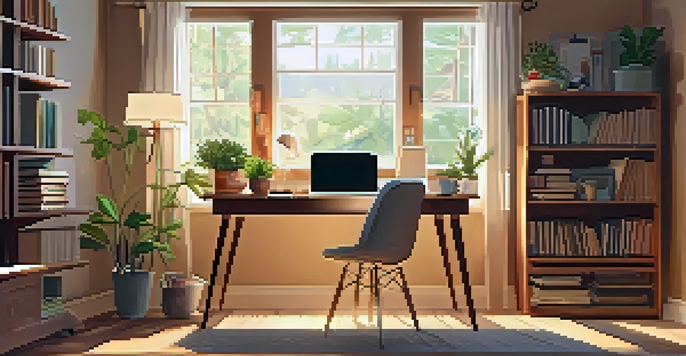 A home office with a laptop and books on a desk, a cup of coffee, and sunlight coming through a window.