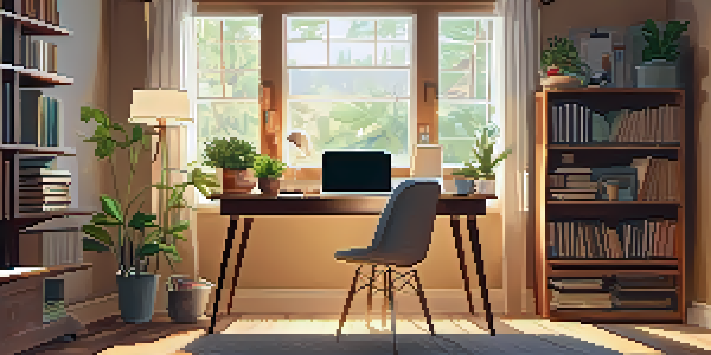 A home office with a laptop and books on a desk, a cup of coffee, and sunlight coming through a window.