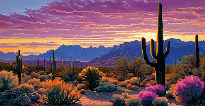 A tall saguaro cactus silhouetted against a colorful sunset in the Sonoran Desert, with rocky terrain and distant mountains.