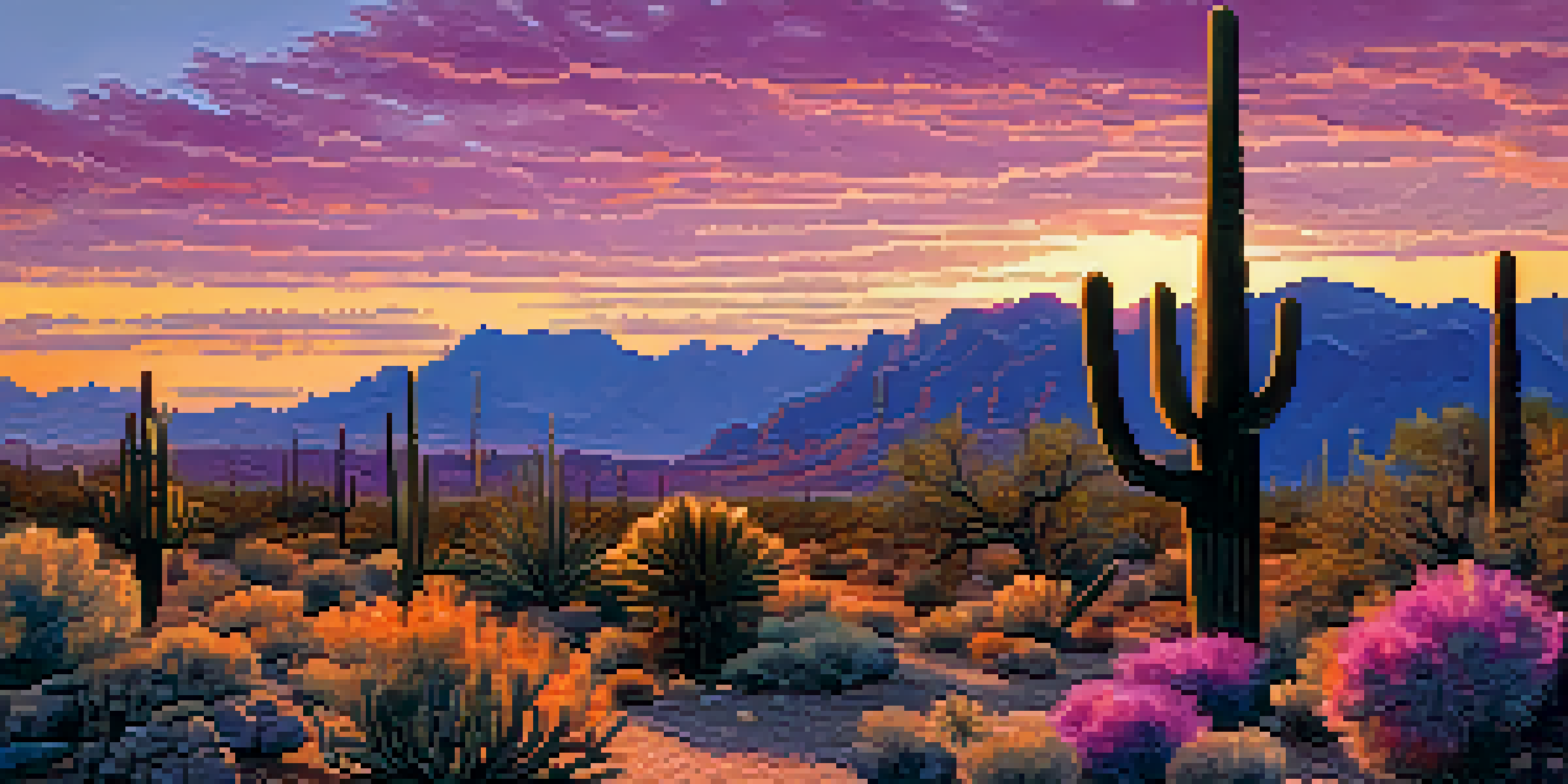 A tall saguaro cactus silhouetted against a colorful sunset in the Sonoran Desert, with rocky terrain and distant mountains.