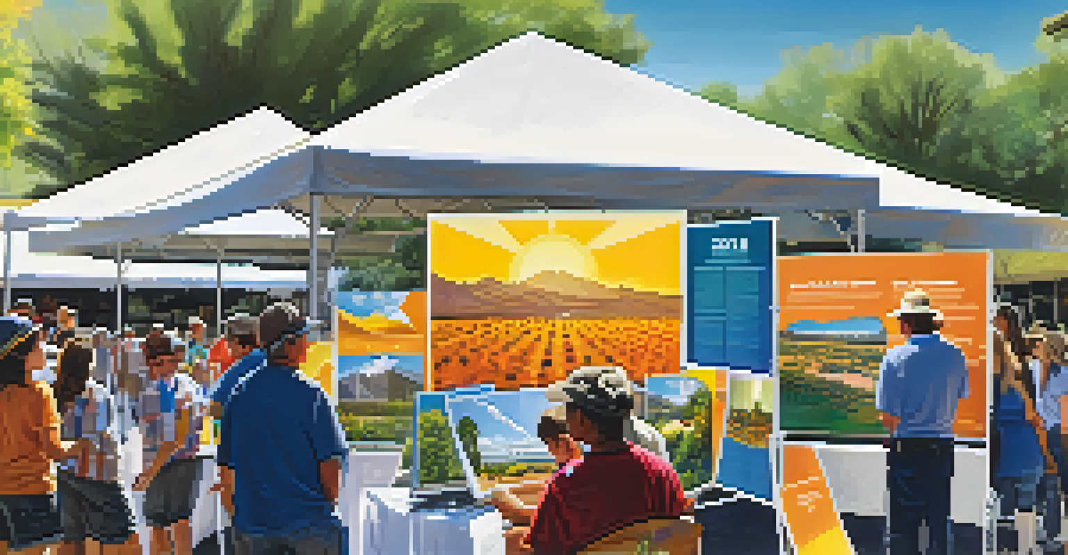 Residents attending a community event about solar energy education, with booths and banners in a sunny Tucson setting.