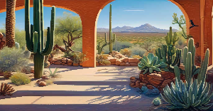 A wide view of the Arizona-Sonora Desert Museum featuring blooming cacti, a tortoise, a roadrunner, and a natural history museum building under a sunny sky.