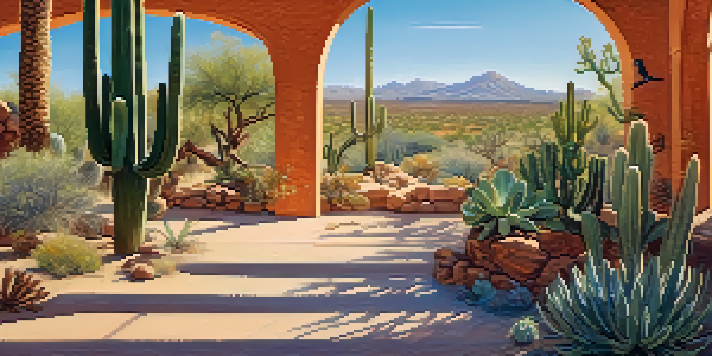 A wide view of the Arizona-Sonora Desert Museum featuring blooming cacti, a tortoise, a roadrunner, and a natural history museum building under a sunny sky.