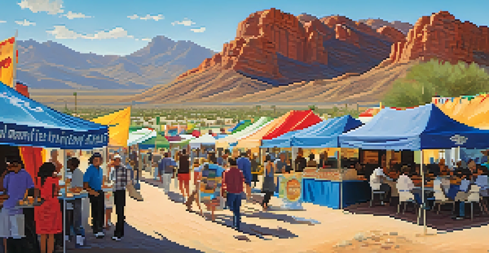 A lively outdoor film festival scene in Tucson with attendees, food stalls, and desert mountains in the background.
