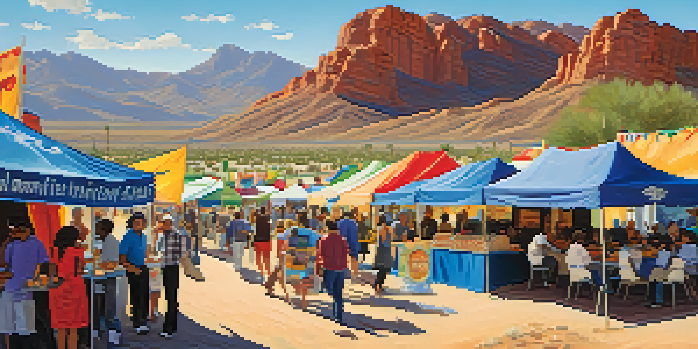 A lively outdoor film festival scene in Tucson with attendees, food stalls, and desert mountains in the background.