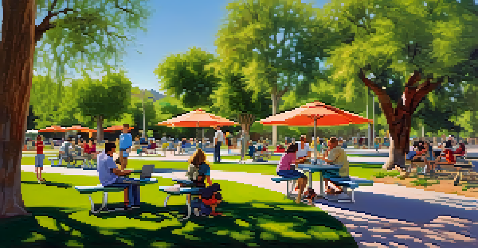 Families in a Tucson park using laptops and tablets, enjoying free public Wi-Fi under the shade of trees.