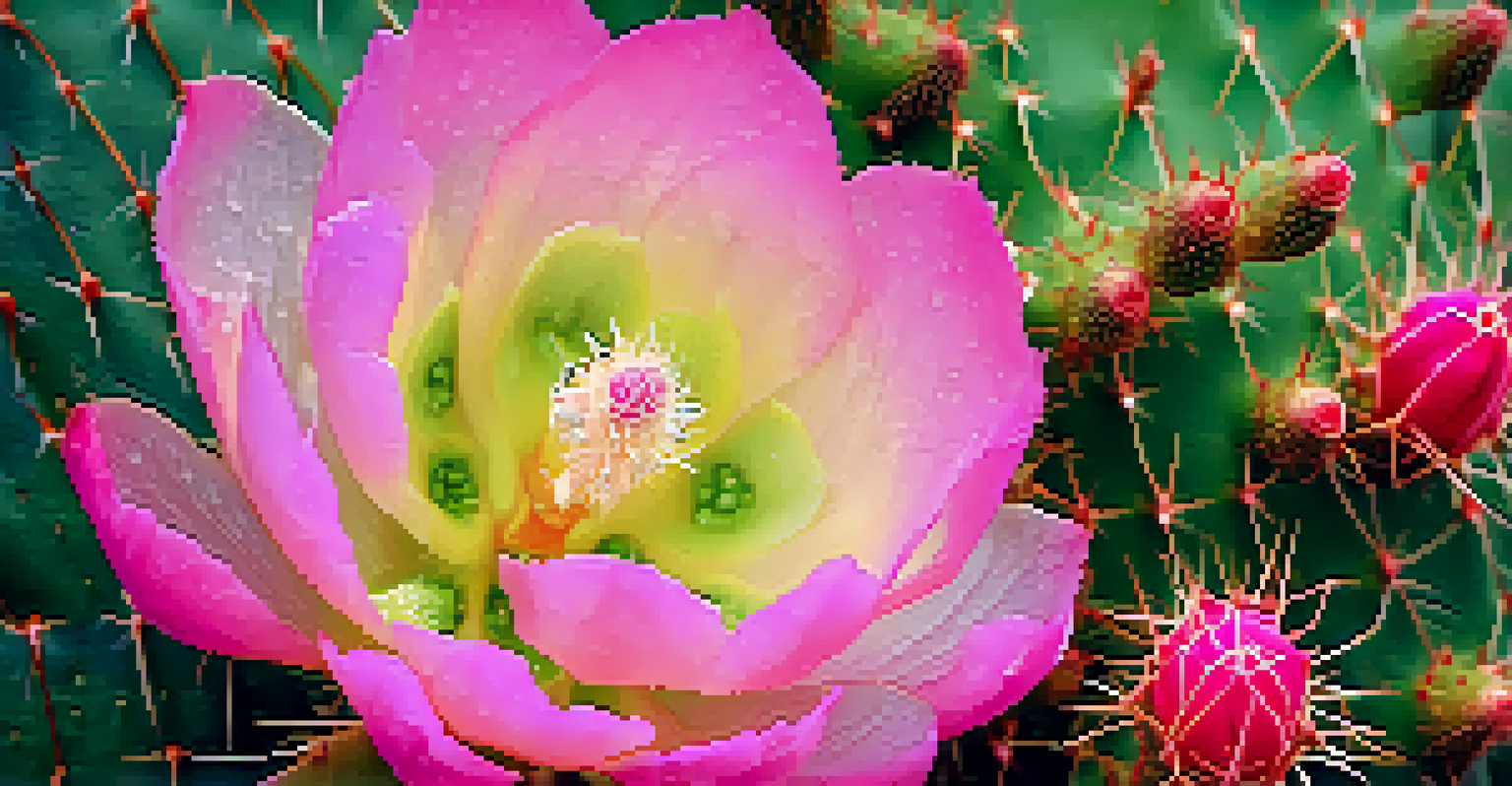 A detailed close-up of a blooming prickly pear cactus with pink flowers and green pads.