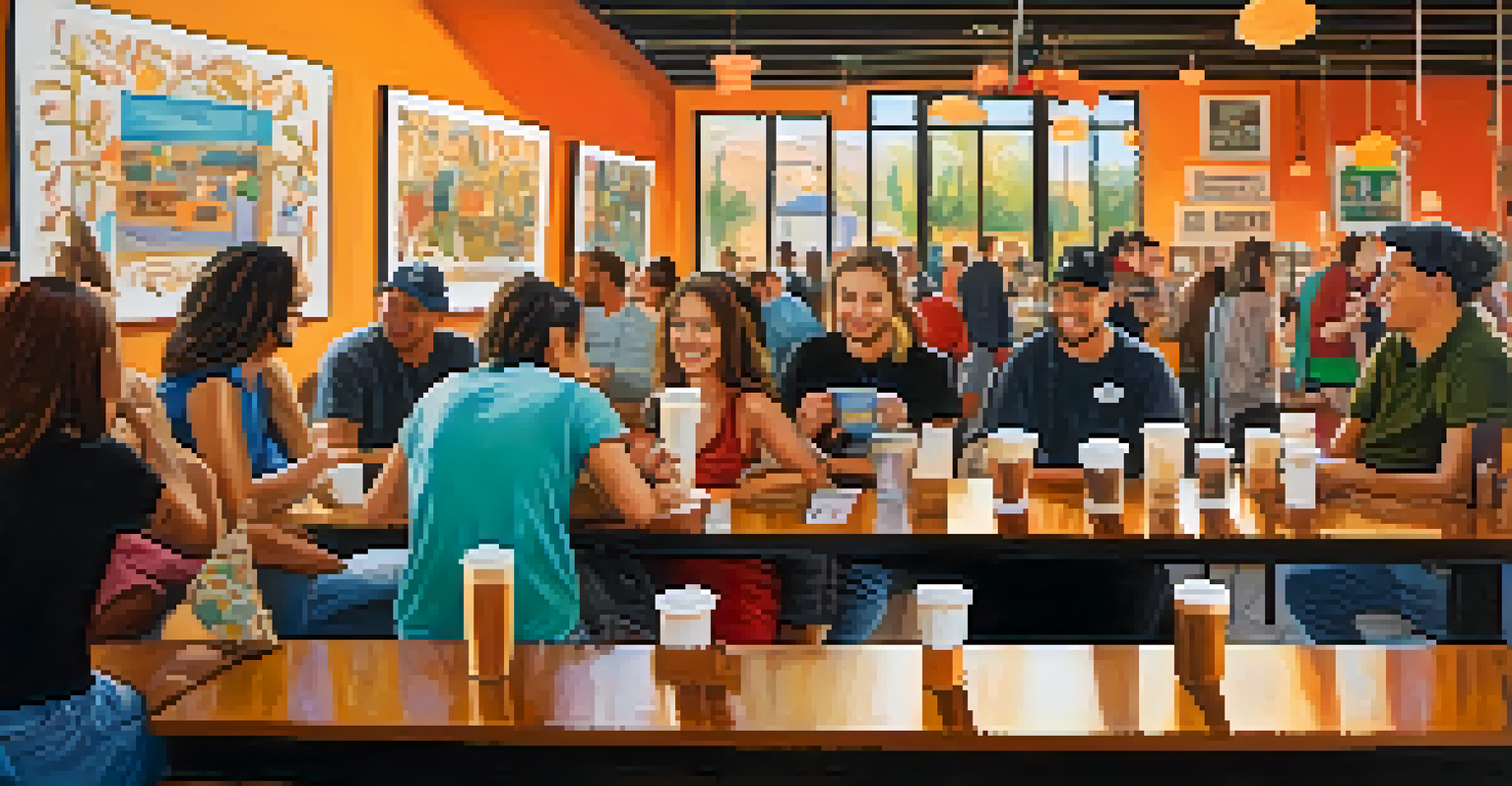 A lively latte art competition in a Tucson coffee shop, with participants and spectators enjoying vegan snacks and drinks amidst colorful decorations.