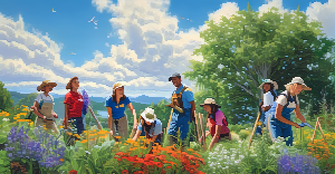Volunteers of different ages planting native plants in a sunny habitat restoration project, surrounded by greenery and wildflowers.
