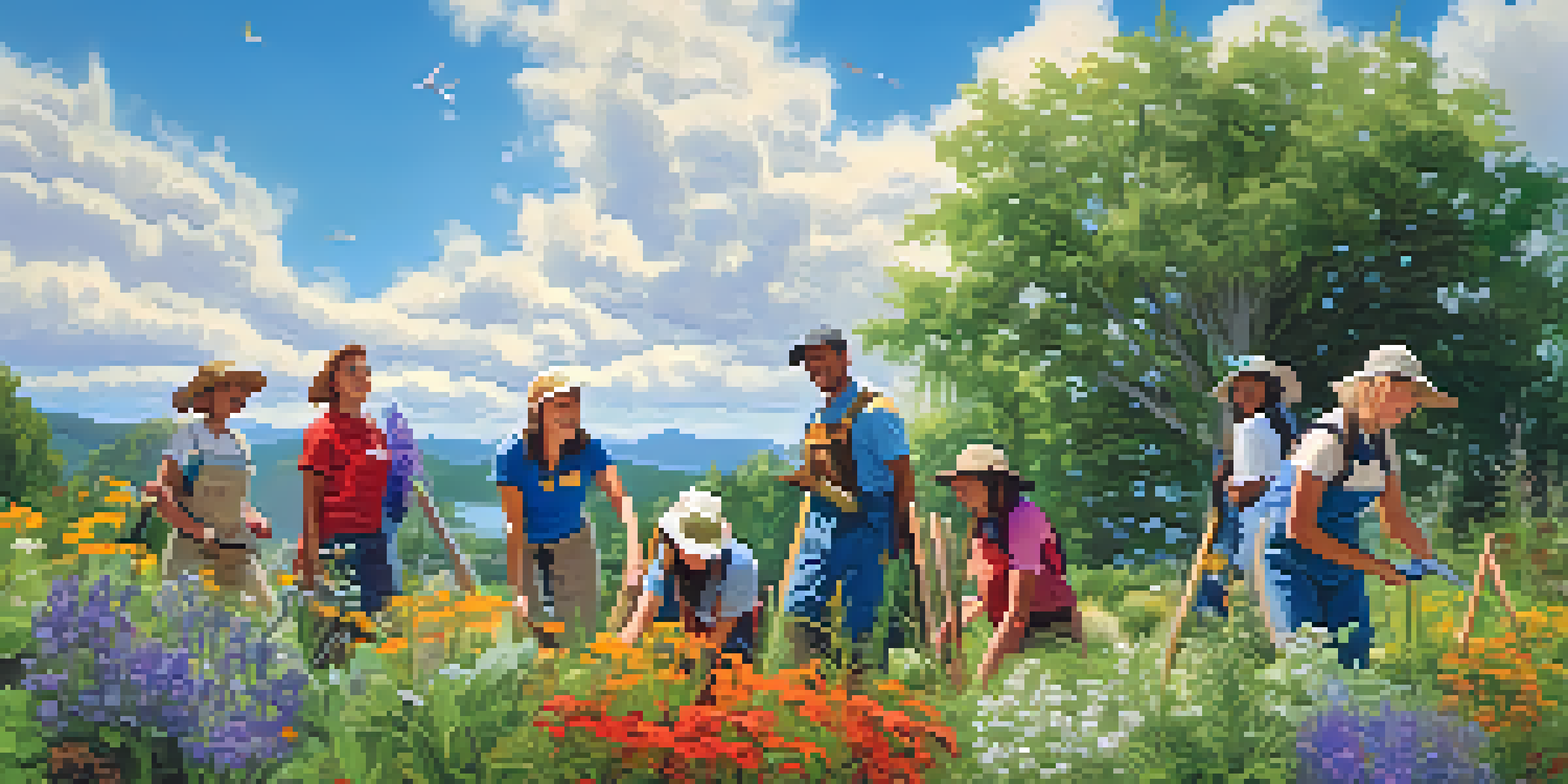 Volunteers of different ages planting native plants in a sunny habitat restoration project, surrounded by greenery and wildflowers.