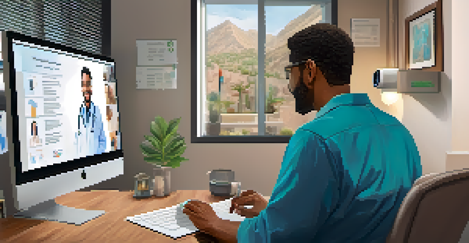 A healthcare professional conducting a telehealth consultation with a patient via video call in a home office.