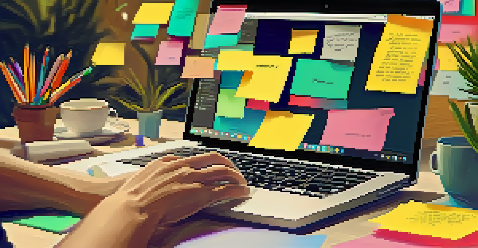 Close-up of hands typing on a laptop surrounded by creative workspace elements.