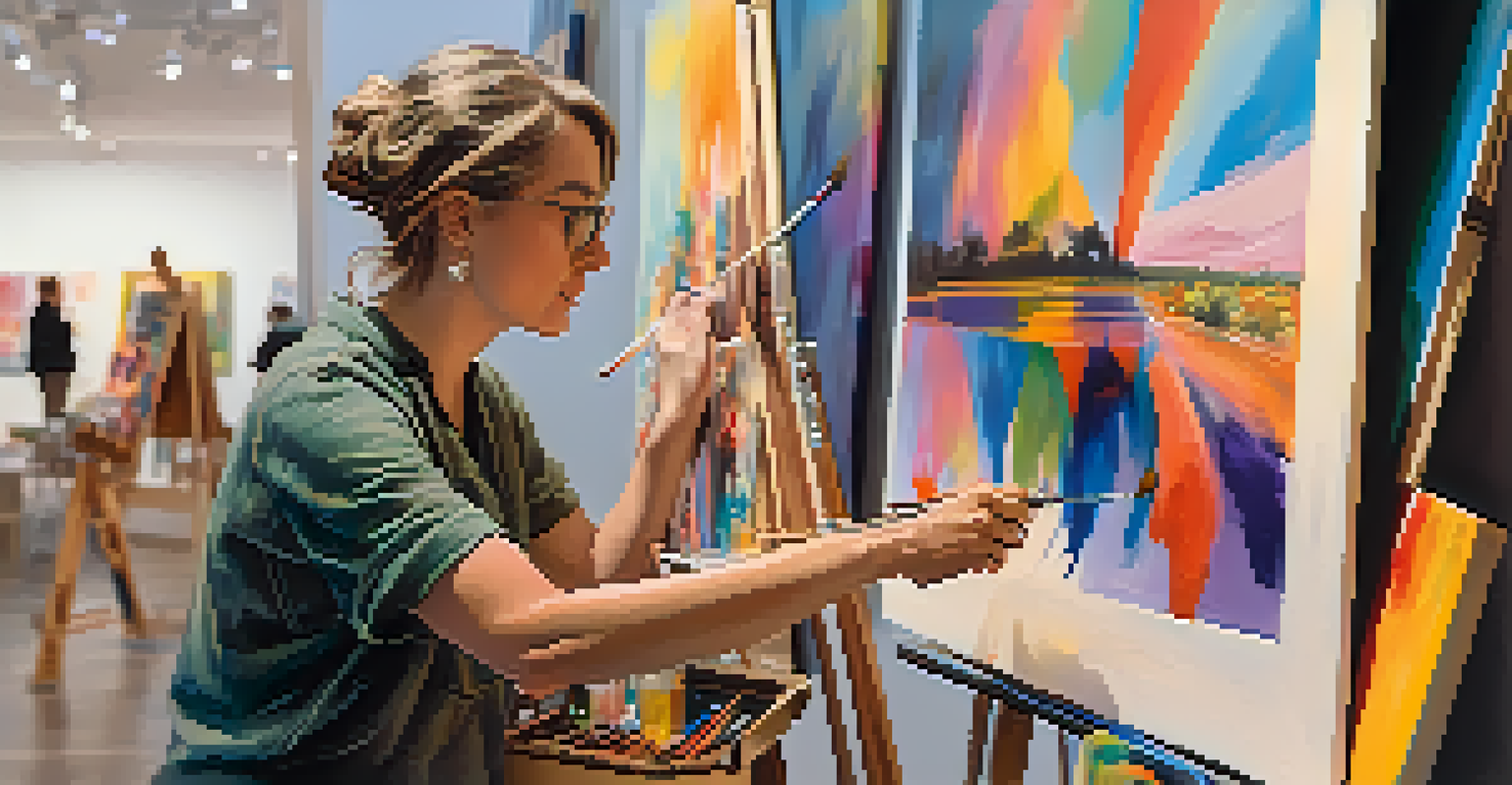 An artist painting in a gallery with colorful artwork displayed on the walls and visitors admiring the pieces in the background.