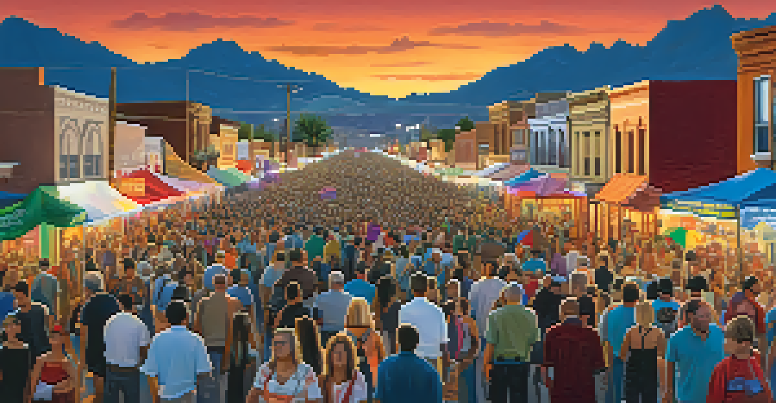 A wide view of a diverse crowd participating in the All Souls Procession, with colorful banners and artistic displays in a twilight setting.