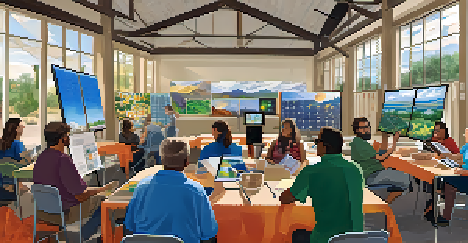 Participants attending a workshop about community solar initiatives, with brochures and solar energy posters in a well-lit room.