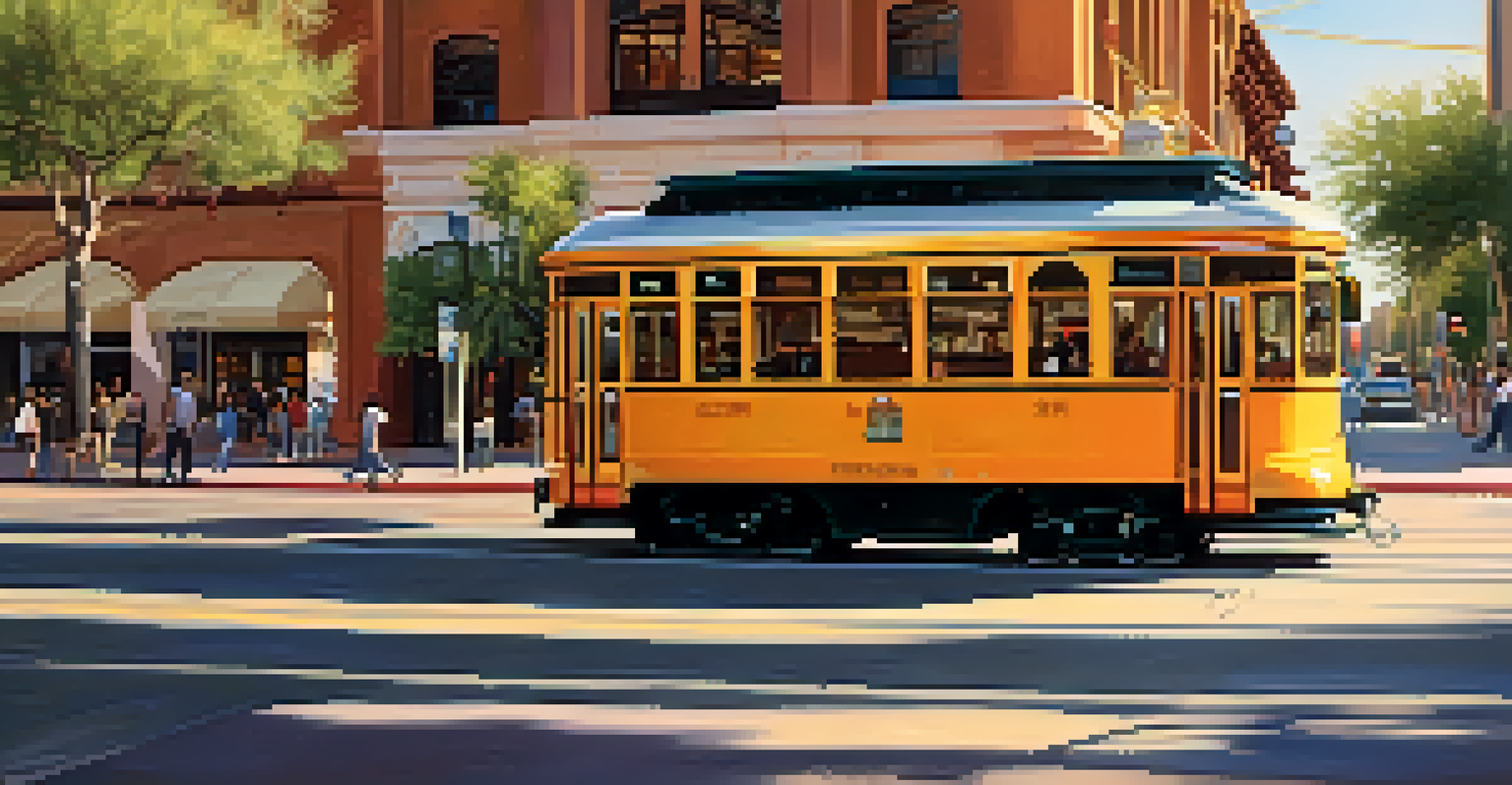 The Sun Link Streetcar in downtown Tucson during golden hour, with students and residents in a vibrant urban setting.