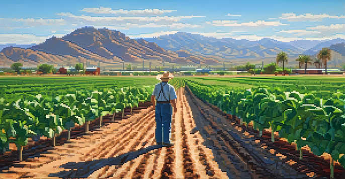 A farmer inspecting crops in Tucson, Arizona, with mountains in the background under a clear sky.
