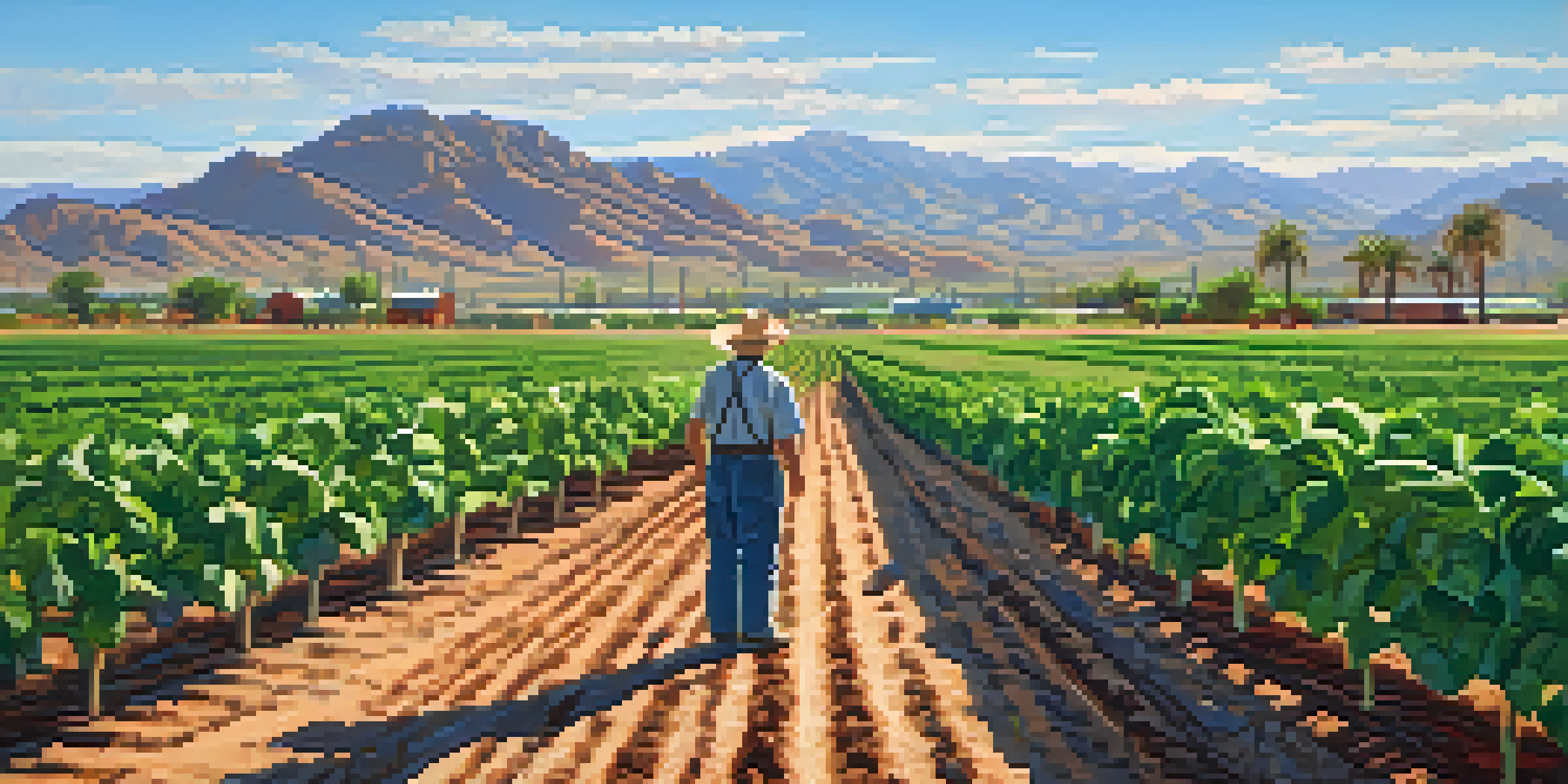 A farmer inspecting crops in Tucson, Arizona, with mountains in the background under a clear sky.