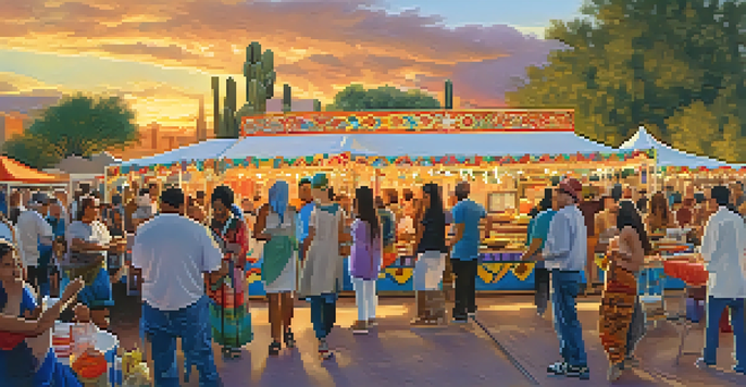 A bustling festival scene in Tucson with food stalls, performers, and a vibrant crowd under a golden sunset.