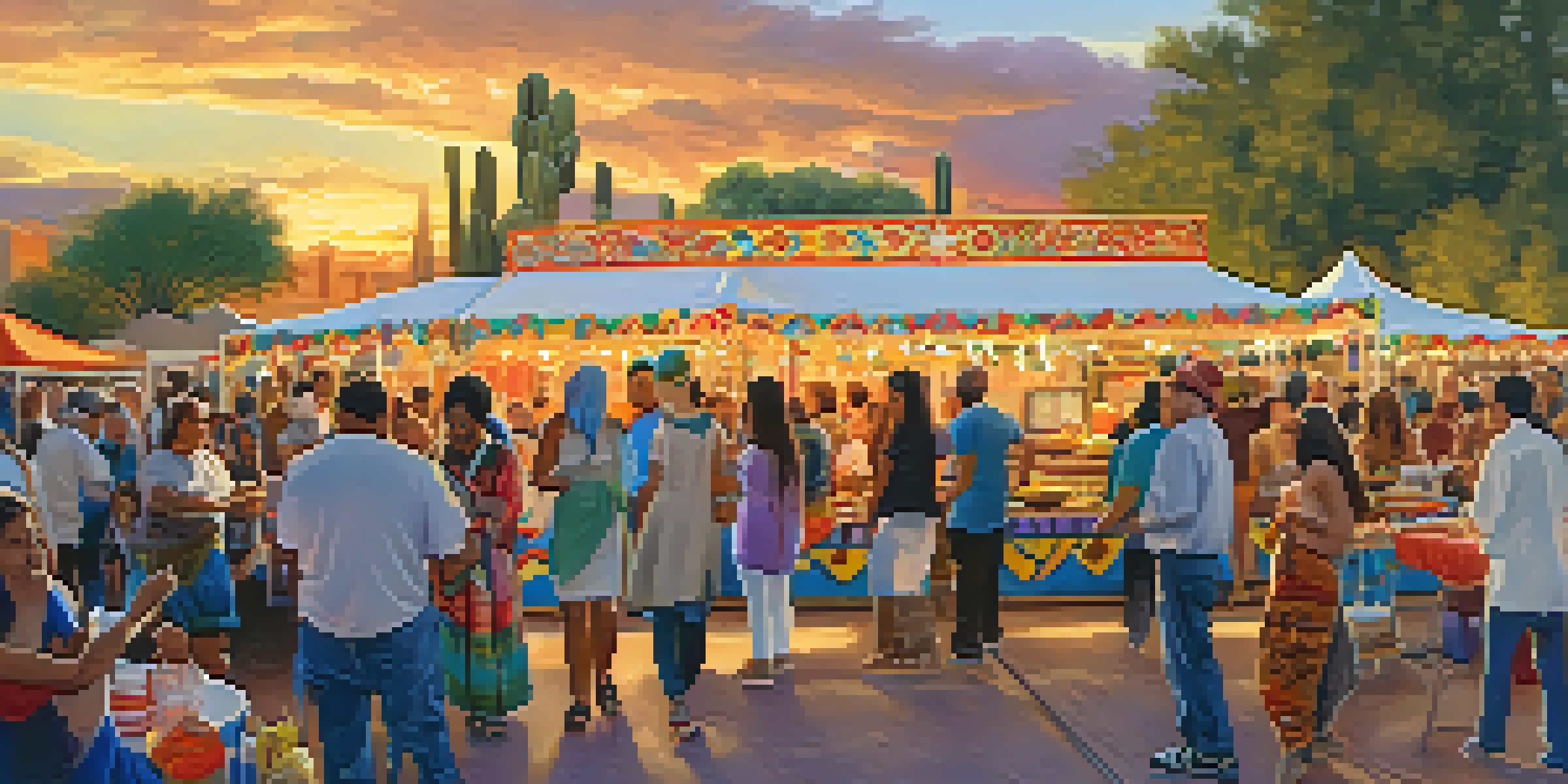 A bustling festival scene in Tucson with food stalls, performers, and a vibrant crowd under a golden sunset.