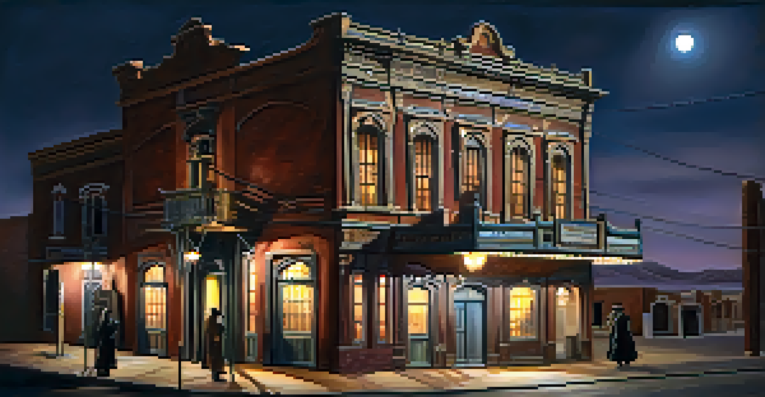 The Bird Cage Theatre in Tombstone with ghostly figures and a mysterious atmosphere under moonlight.