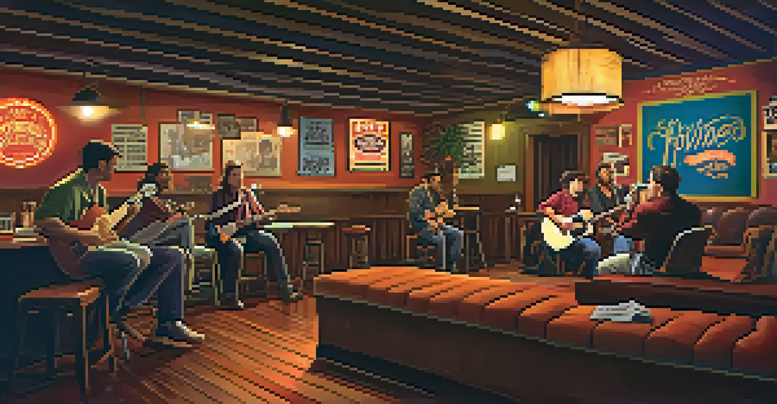 An intimate scene inside Club Congress, showcasing a local band performing under colorful lights, surrounded by eclectic decor and a cozy audience.